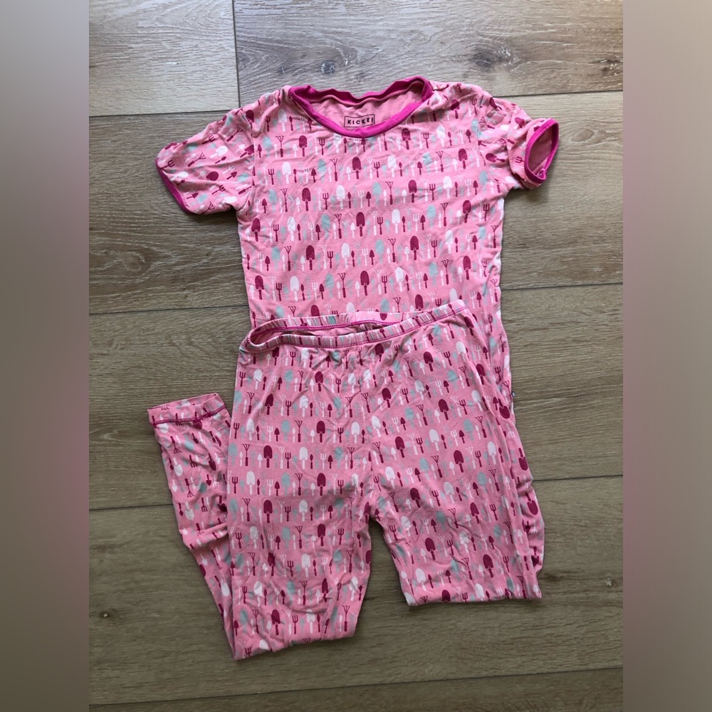 Kickee Pants Pink pajama set with garden tools 10